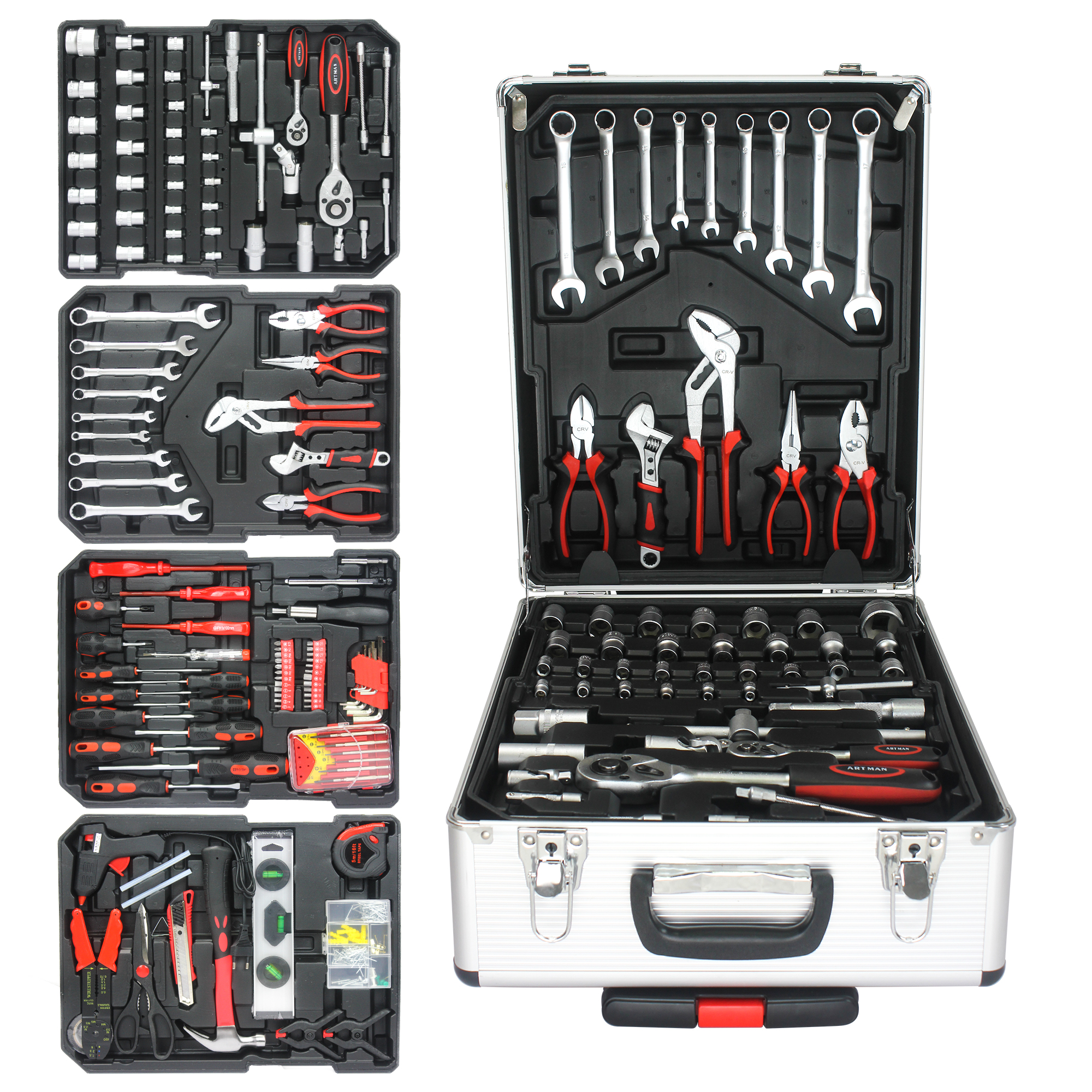 899pcs Home Repair Tool Set Kit, Toolbox Storage Case with 4 Drawers, General Household Tool Kit with Rolling Tool Box, Tool Set Kit for Maintenance, Garden, Homeowner, Handyman -Silver