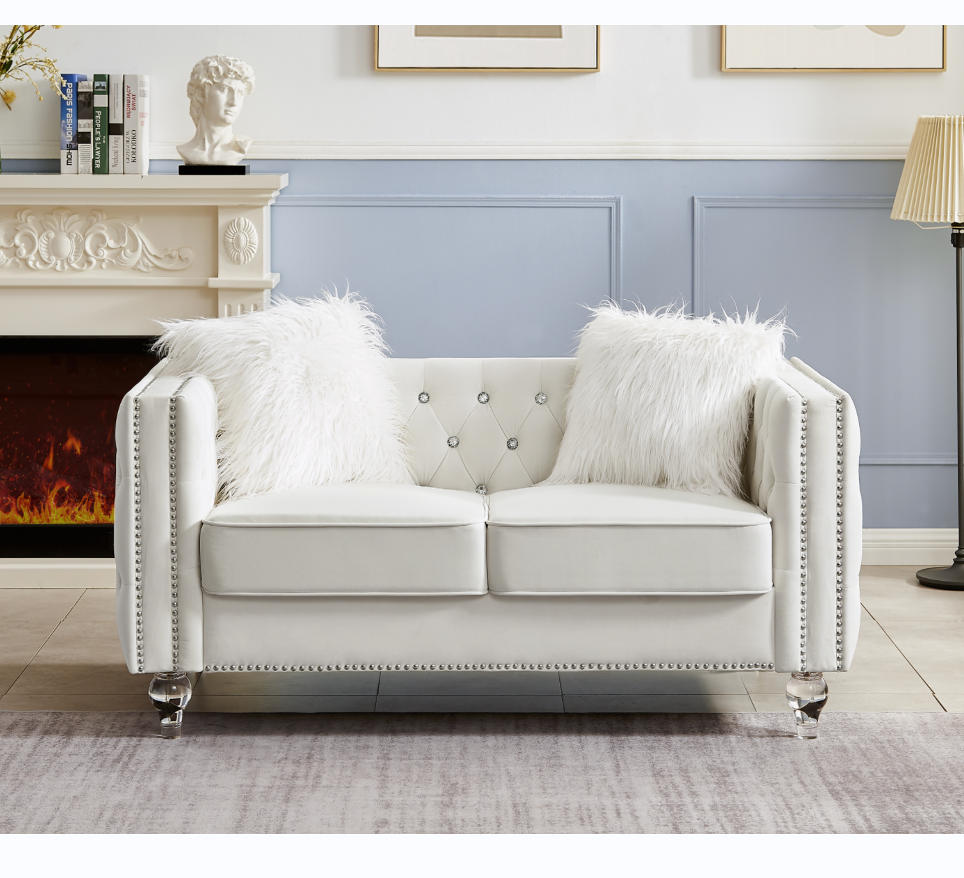 Beige, Two-seater Sofa, Velvet Crystal Buckle Upholstery Sofa, Crystal Feet, Removable Cushion, Two Plush Pillow