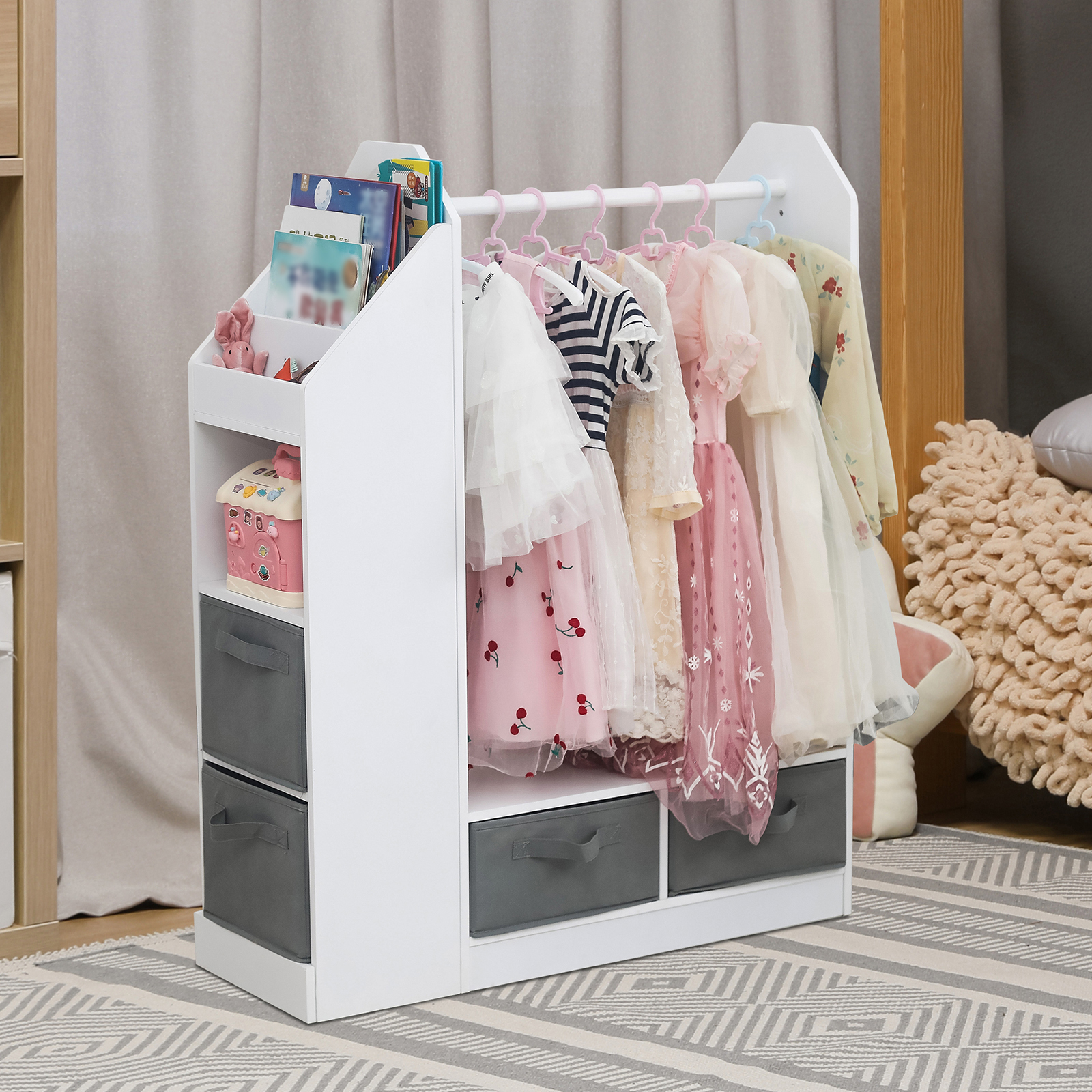 Kids Costume Organizer、 Costume Rack、Kids Armoire、Open Hanging Armoire Closet with Mirror-WHITE