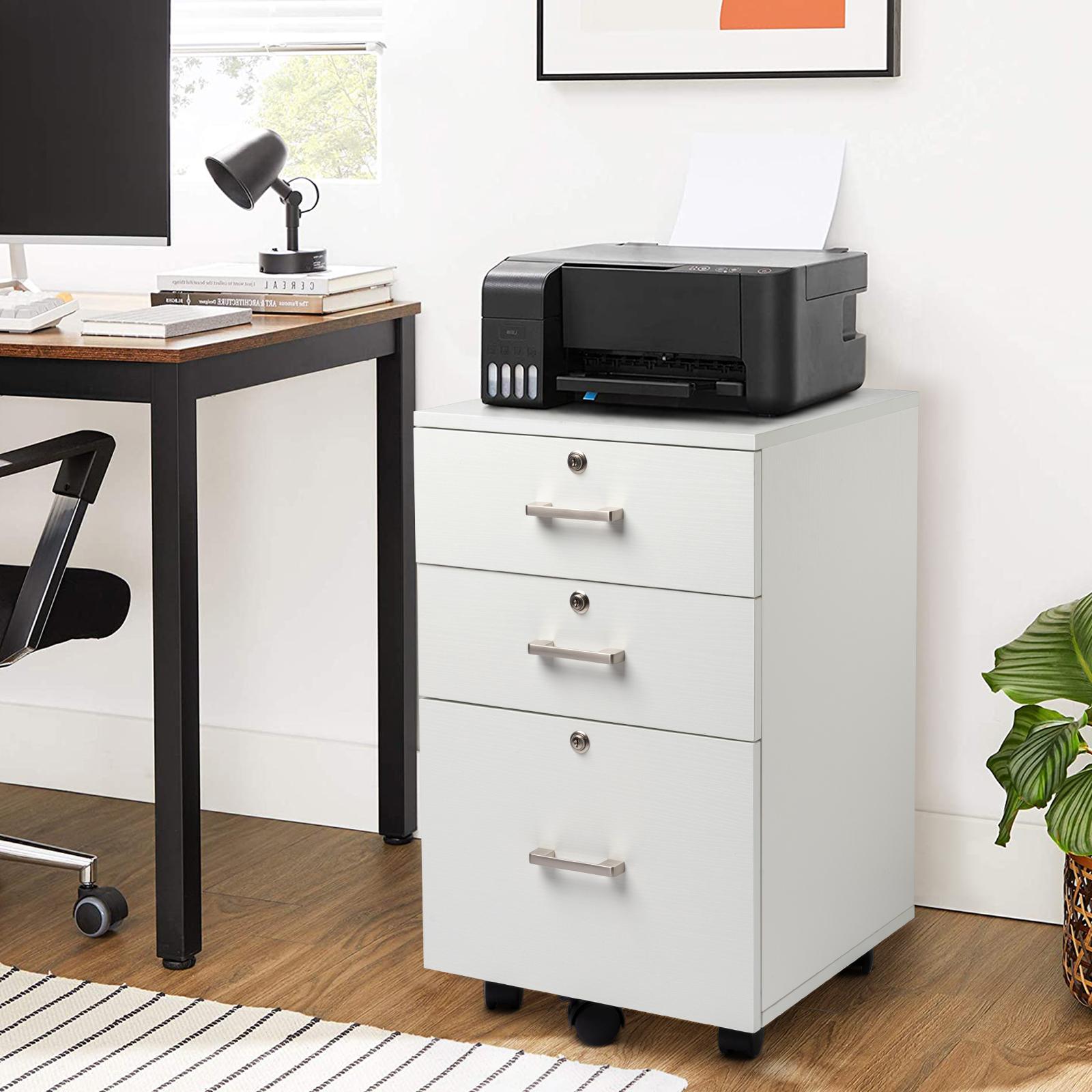 White Wood Grain Density Board Three Drawers Wooden Filing Cabinet