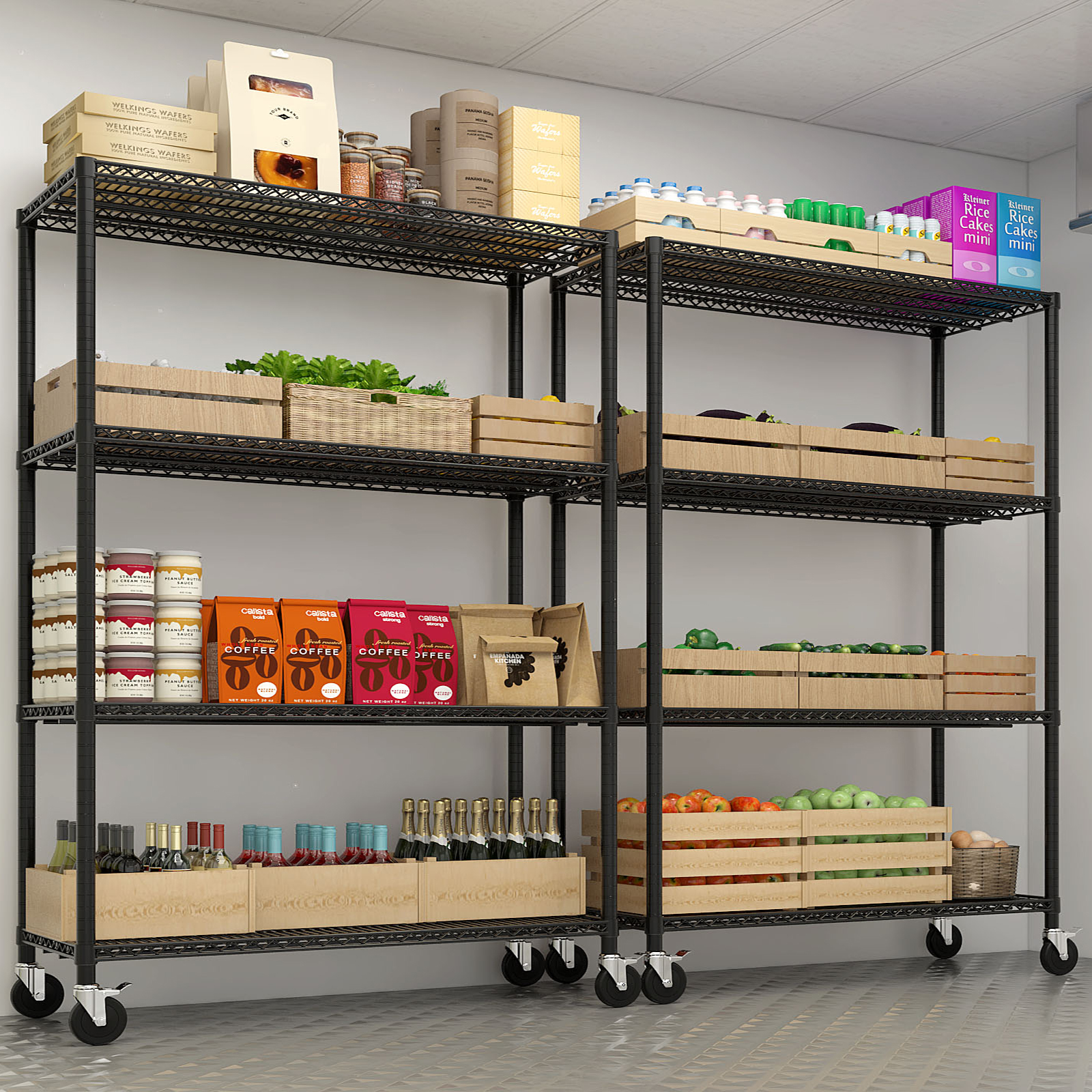 Heavy Duty Storage Shelves 55.12" W Wire Shelving Unit with Wheels 2500LBS NSF Metal Shelves for Storage Adjustable Garage Storage Rack Pantry Shelf Commercial Shelving, 75.59" H X 55.12